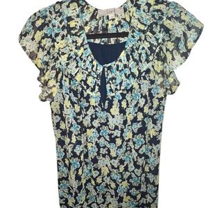 LOFT Women's Floral Ruffle Blouse - Navy and Light Yellow